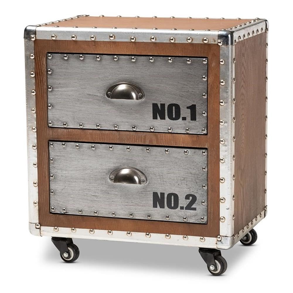 Baxton Studio Avere French Industrial Brown Wood and Silver Metal 2-Drawer Rolling Nightstand